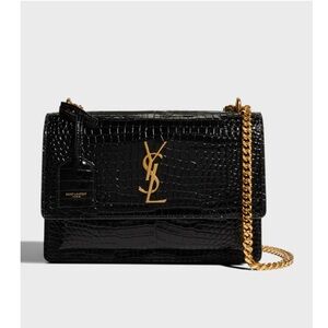 Saint Laurent Black Croc-Embossed Bag with Gold Chain